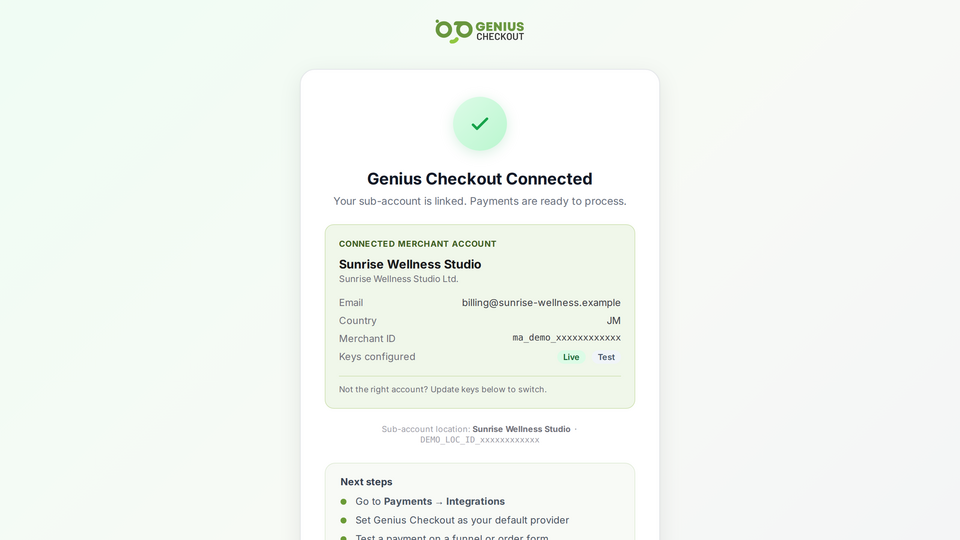 Pantalla de configuración de gateway en Genius Checkout