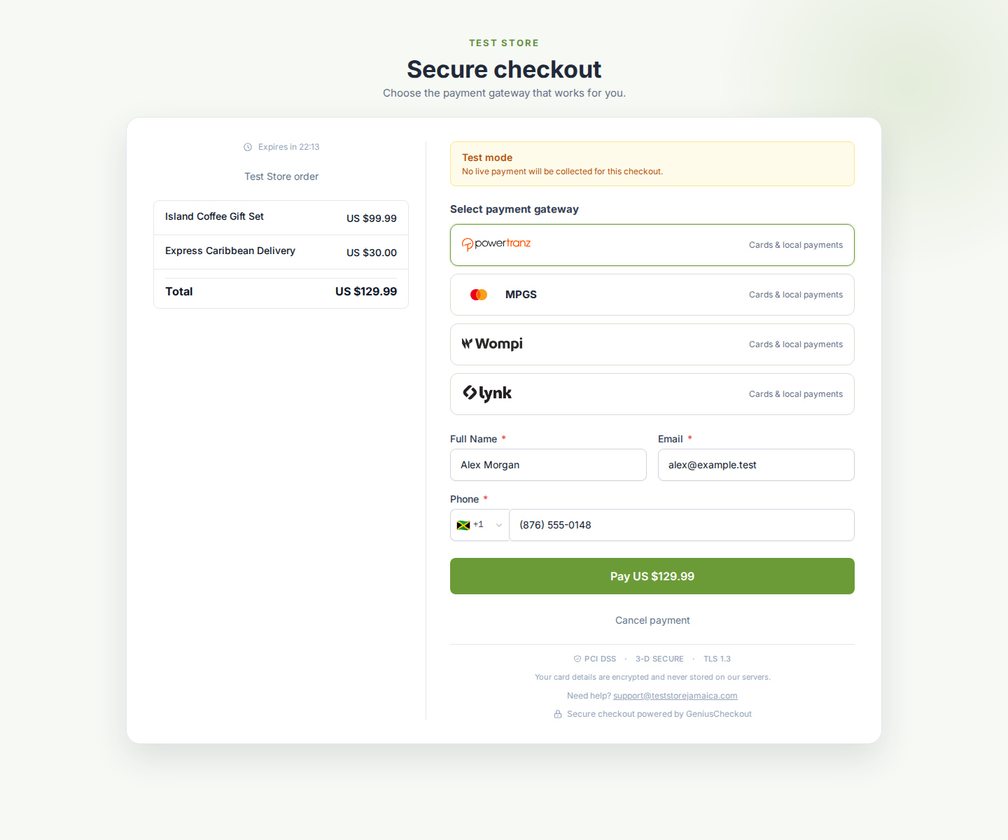 Un checkout de Test Store mostrando MPGS como una opción de gateway diferenciada en Genius Checkout