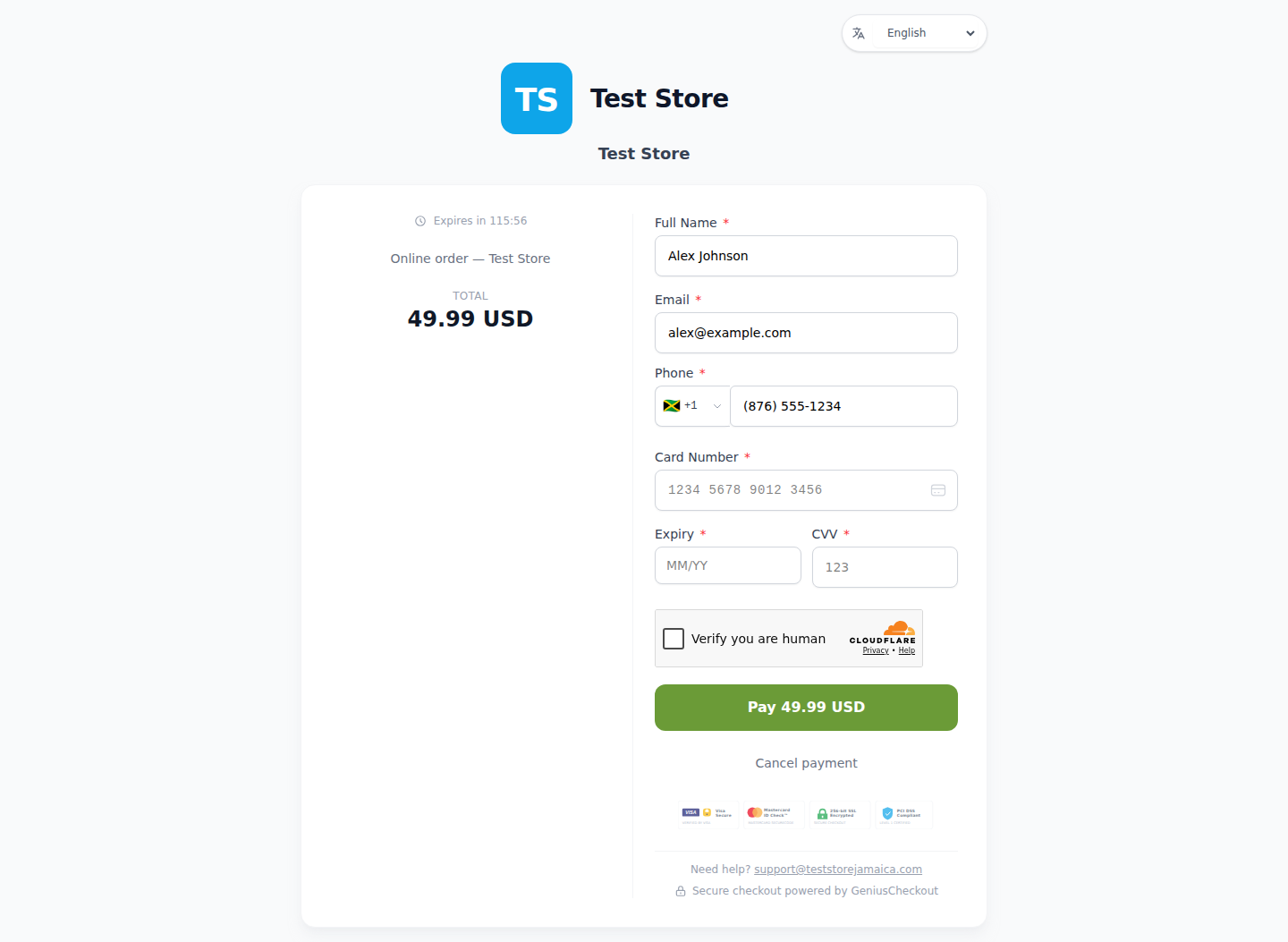 Genius Checkout Test Store checkout with only Powertranz Direct enabled