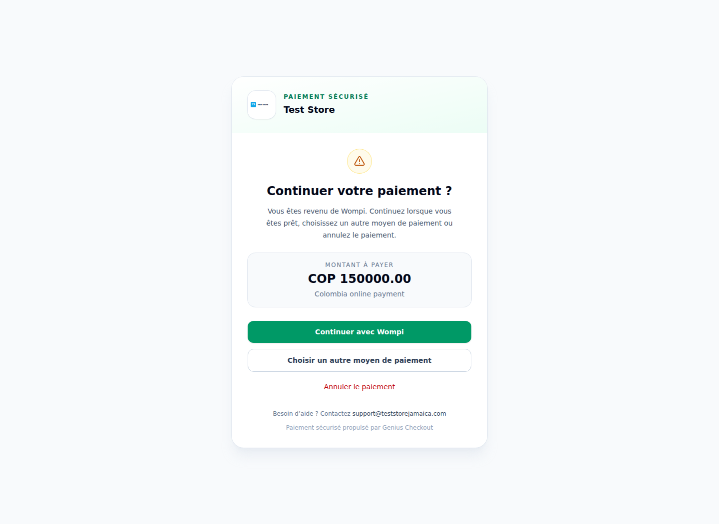 Écran réel pour reprendre un paiement Wompi