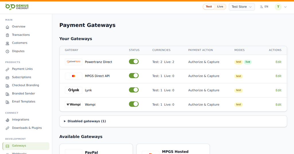 Genius Checkout Test Store gateway settings showing Powertranz, MPGS, Lynk, and Wompi