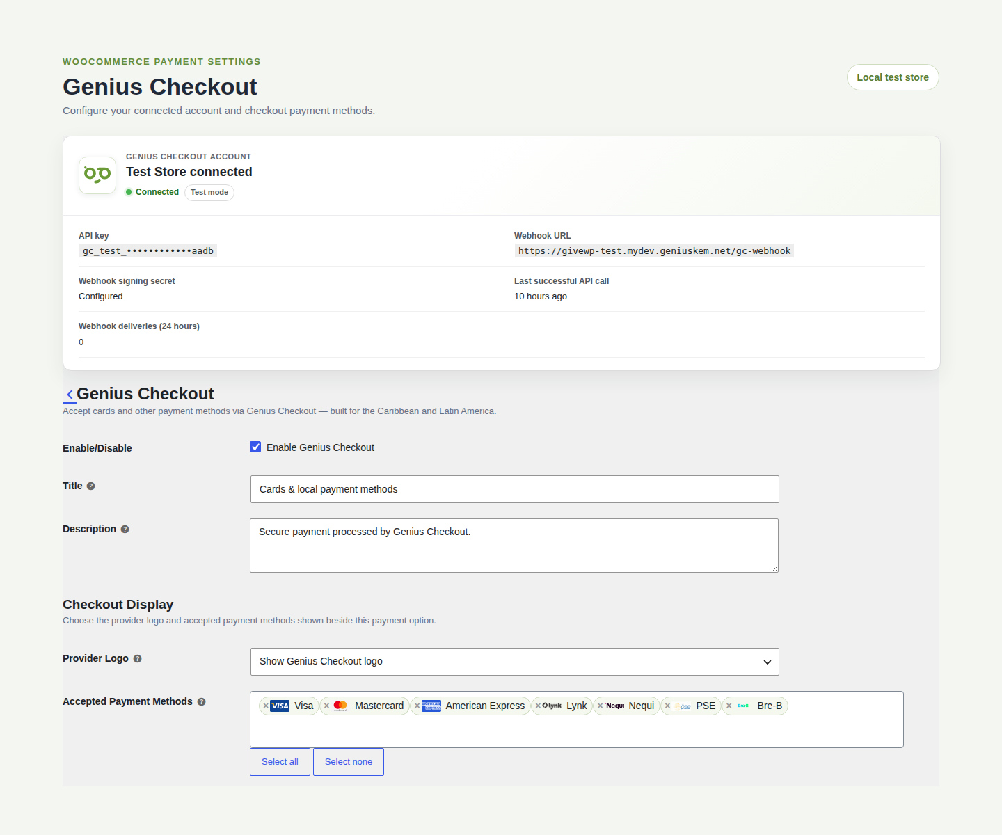 Ajustes de Genius Checkout dentro de WooCommerce, usando una cuenta local de Test Store